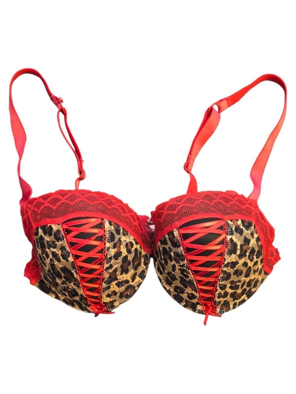 Jezebel Leopard Print Push Up Underwire Bra Red Lace Ribbon Corset Style - 36C